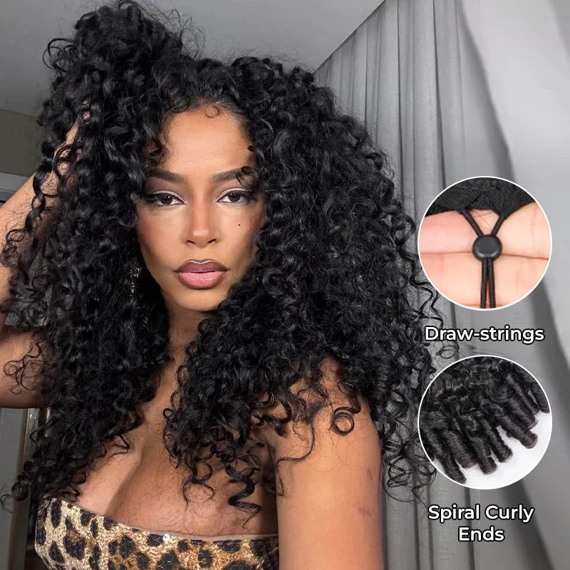 250% Glueless Wigs Human Hair Burmese Curly Headband Wig Upgrade 3 IN 1 Half Wig With Drawstring Seamless Clip Ins Flip Over