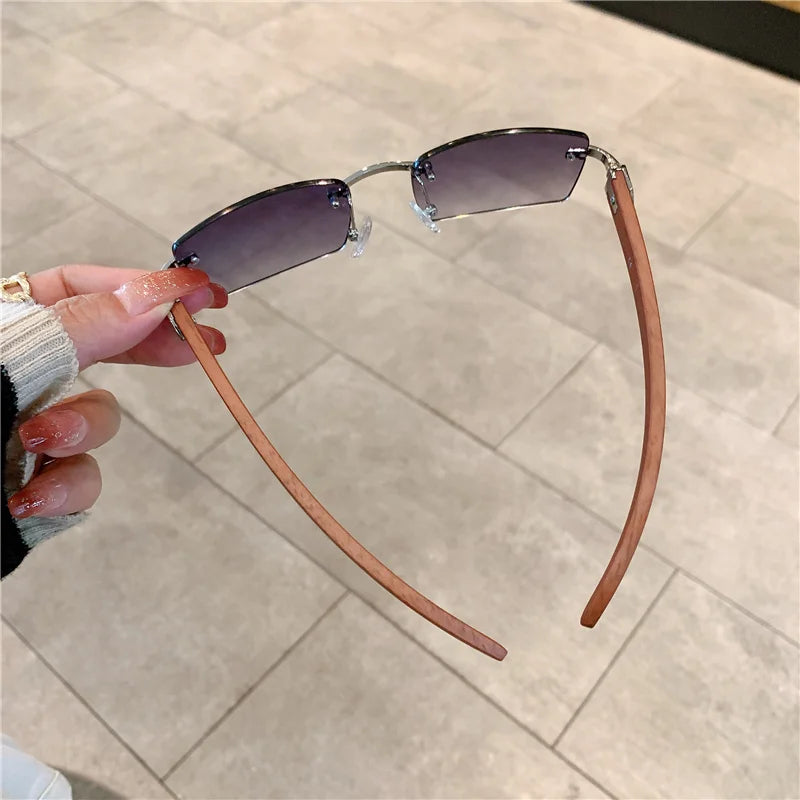 KAMMPT Rimless Sunglasses For Men Women Wooden Pattern Luxury Brand Retro Sun Glasses Fashion Shades UV400 Travel Outdoor