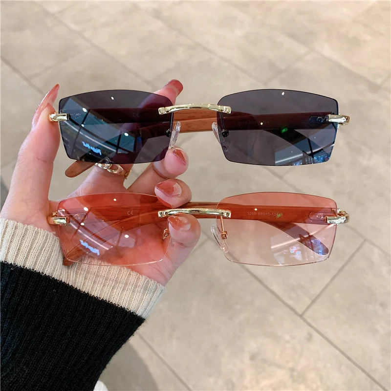 KAMMPT Rimless Sunglasses For Men Women Wooden Pattern Luxury Brand Retro Sun Glasses Fashion Shades UV400 Travel Outdoor