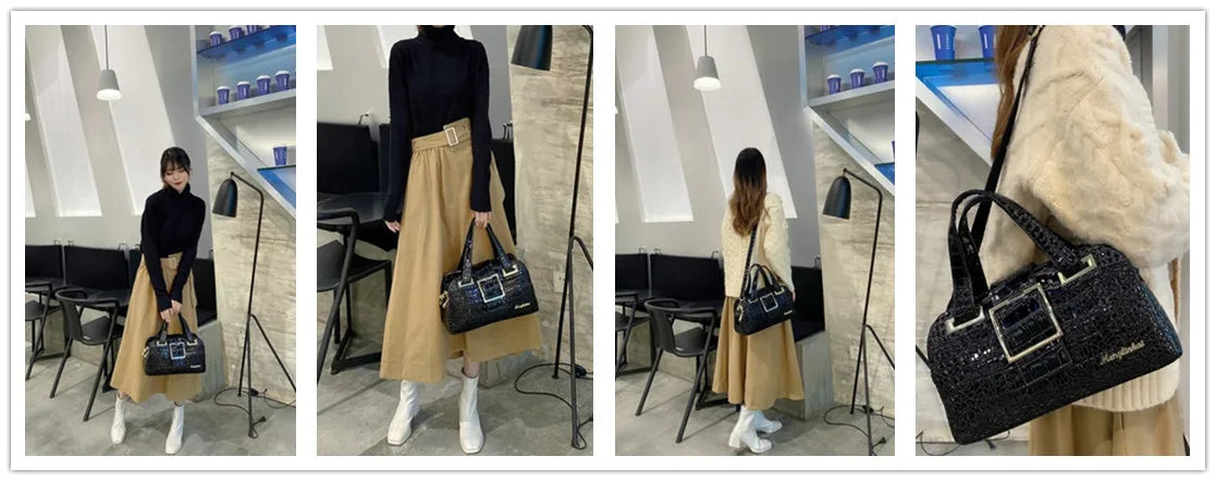 Cowhide leather Women handbag Lace crocodile pattern mother bag shoulder messenger three-layer middle-aged Portable Boston Bags