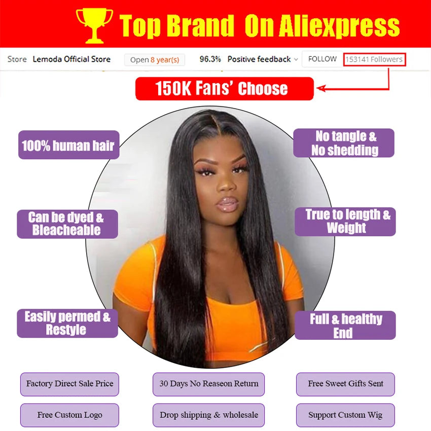 13x6 HD Lace Frontal Wig 13x4 Lace Front Human Hair Wigs Lemoda Remy Wig For Women 34 32 Inch Straight Transparent Lace Wig