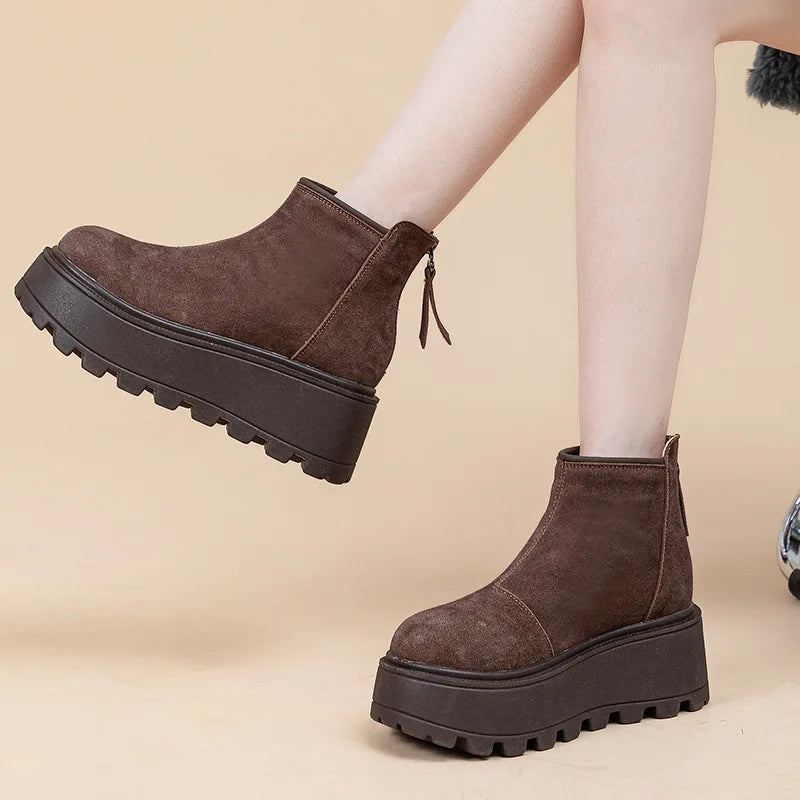Fujin 7cm Suede Cow Genuine Leather Snow Boots Women Ankle Booties Platform Wedge Winter Plush Chelsea Boots Shoes for Women