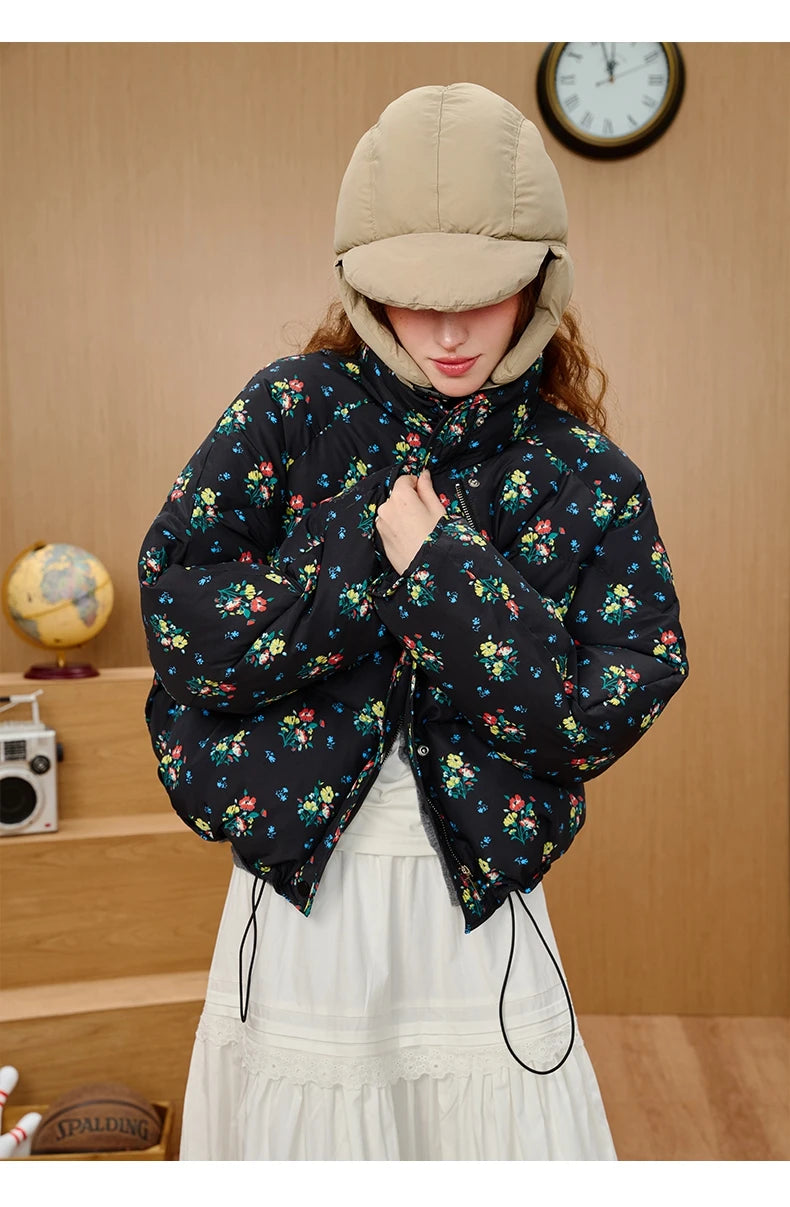 2025 Brand New Women's Short Puffer Jacket for Petite Printed Quilted Coat Loose Fit Casual Winter Bomber Stand Collar Outerwear
