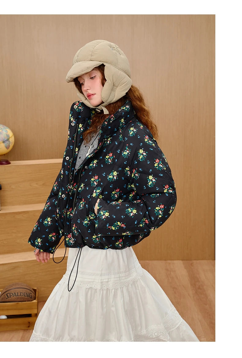 2025 Brand New Women's Short Puffer Jacket for Petite Printed Quilted Coat Loose Fit Casual Winter Bomber Stand Collar Outerwear