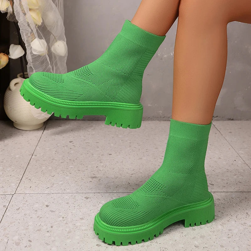 Bright Green Knitted Ankle Boots for Women 2025 Autumn Winter Non Slip Platform Booties Woman Casual Short Botas Shoes Mujer 42