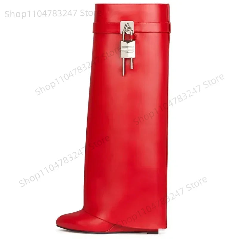 2025 Autumn Winter Lock Boots Women Designer Knee Boots Women Brand High Heel Knight Boots Fold Fashion Gothic Wedge Long Boot