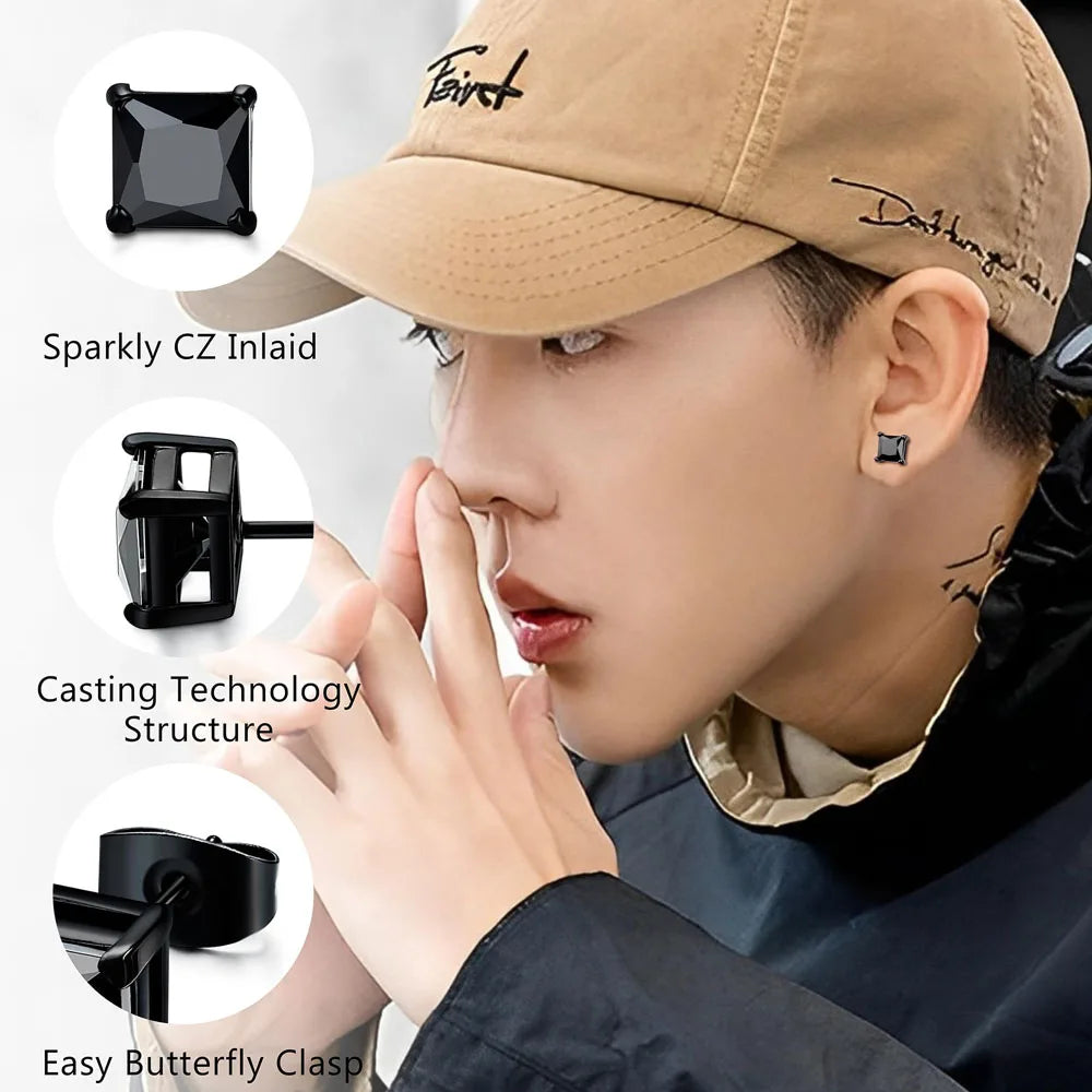 1-2 Pairs Hypoallergenic 316L Stainless Steel Square Round CZ Stud Earrings Sensitive Ear Studs Jewelry Set for Men Women 3-8MM