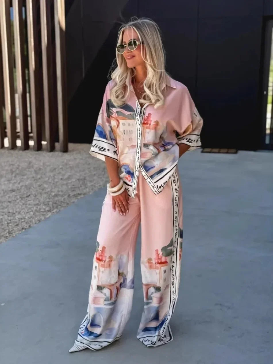 2 Pieces Set for Woman Summer New Elegant Printed Half Sleeves Shirt Tops Suits Fashionable Casual Loose Wide Leg Pants Sets