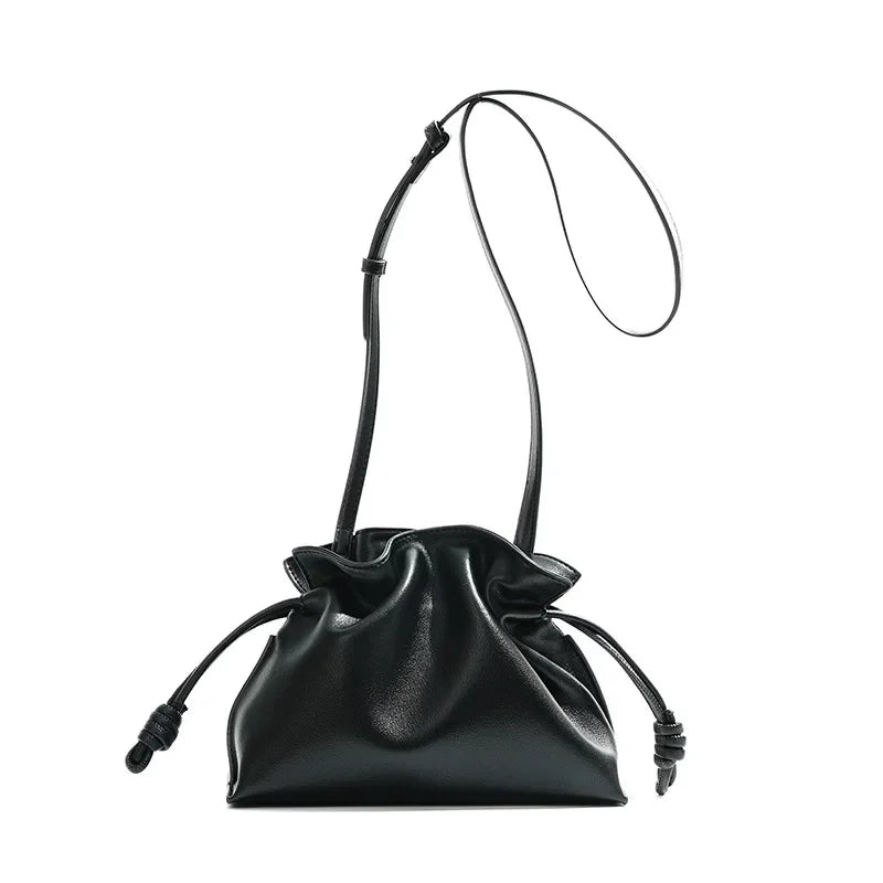 Classic Flamenco Lucky Bag, Genuine Leather Cloud Bag with Drawstring, Shoulder Bucket Bag for Women, Autumn and Winter