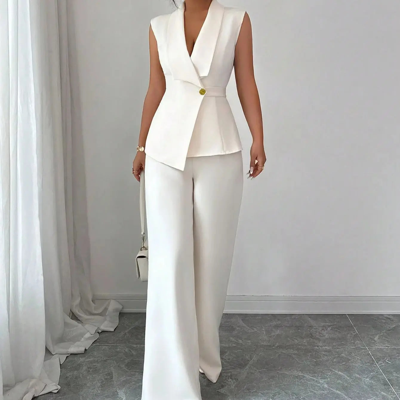 European and American Elegance Solid Color Vest and Straight Leg Pants Set for Women