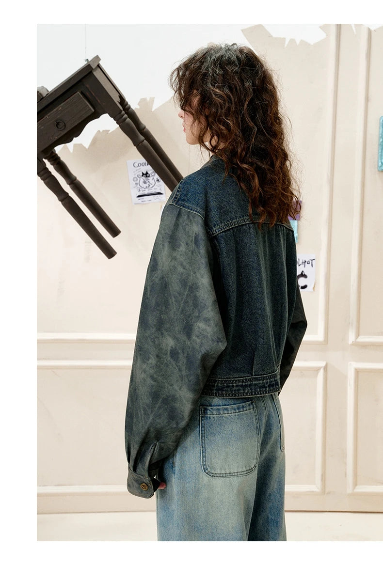 COOLHUT New Arrival Women's 2025 American Style Denim Jacket Stand Collar Color Block PU Trim Slim Fit Casual Fall Outerwear