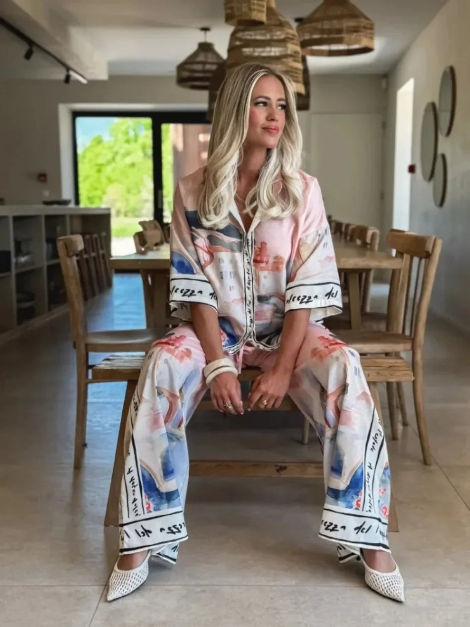2 Pieces Set for Woman Summer New Elegant Printed Half Sleeves Shirt Tops Suits Fashionable Casual Loose Wide Leg Pants Sets
