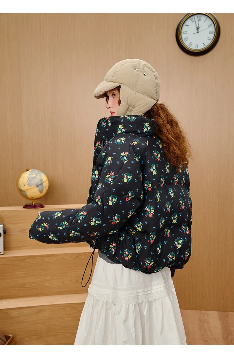 2025 Brand New Women's Short Puffer Jacket for Petite Printed Quilted Coat Loose Fit Casual Winter Bomber Stand Collar Outerwear