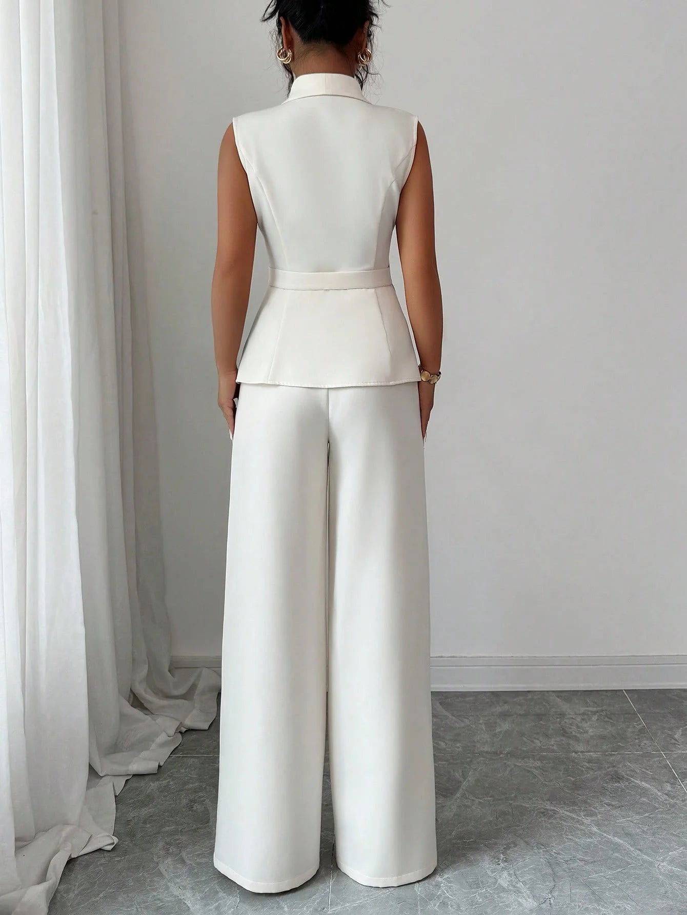 European and American Elegance Solid Color Vest and Straight Leg Pants Set for Women