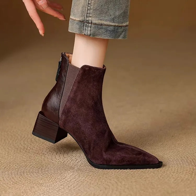 Autumn Winter Women Thick Heel Ankle Boots Elegant Back Zippers Shoes Modern Leather Suede Splicing Short Botas Para Mujer