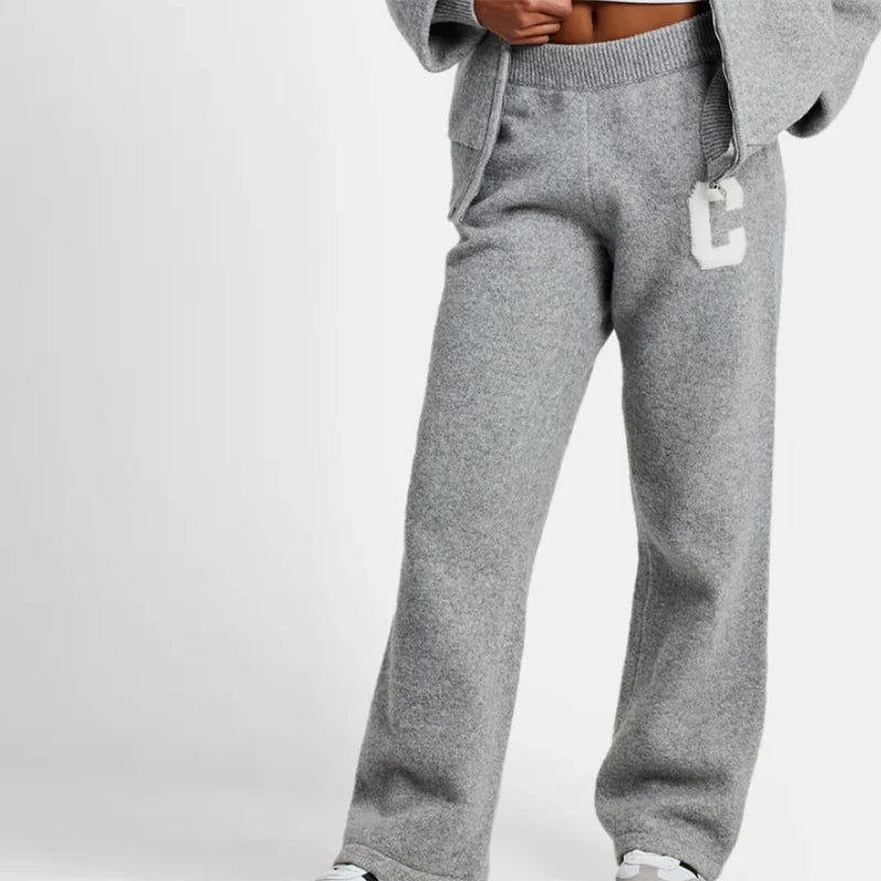 Knitted Women's Pant Sets Hooded Long Sleeve Dropped Shoulder Zipper Female Jacket Solid Elastic Waist Straight Pants For Ladies