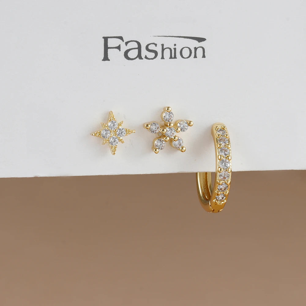 3PCS Trendy Double-layer Circle Cubic Zircon Star Hanging Earrings Set For Women Korean Fashion Jewelry pendientes mujer