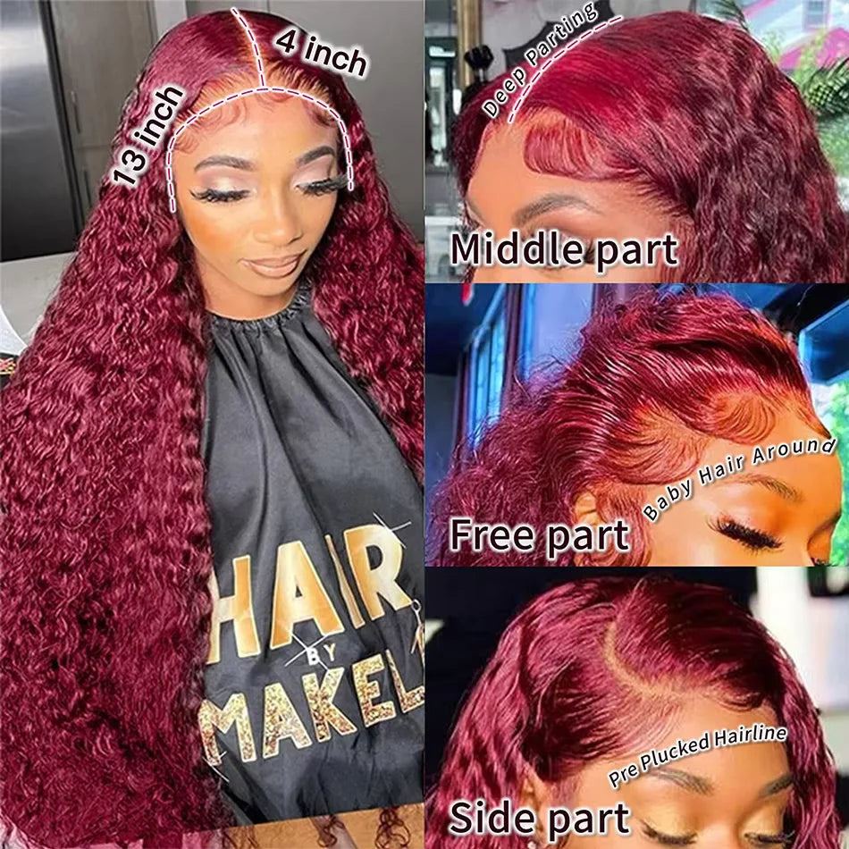13X6 Hd Lace Frontal Human Hair Colored Wig Red Curly Wigs 99J Burgundy Deep Wave Frontal Wig 13X4 Red Lace Front Human Hair