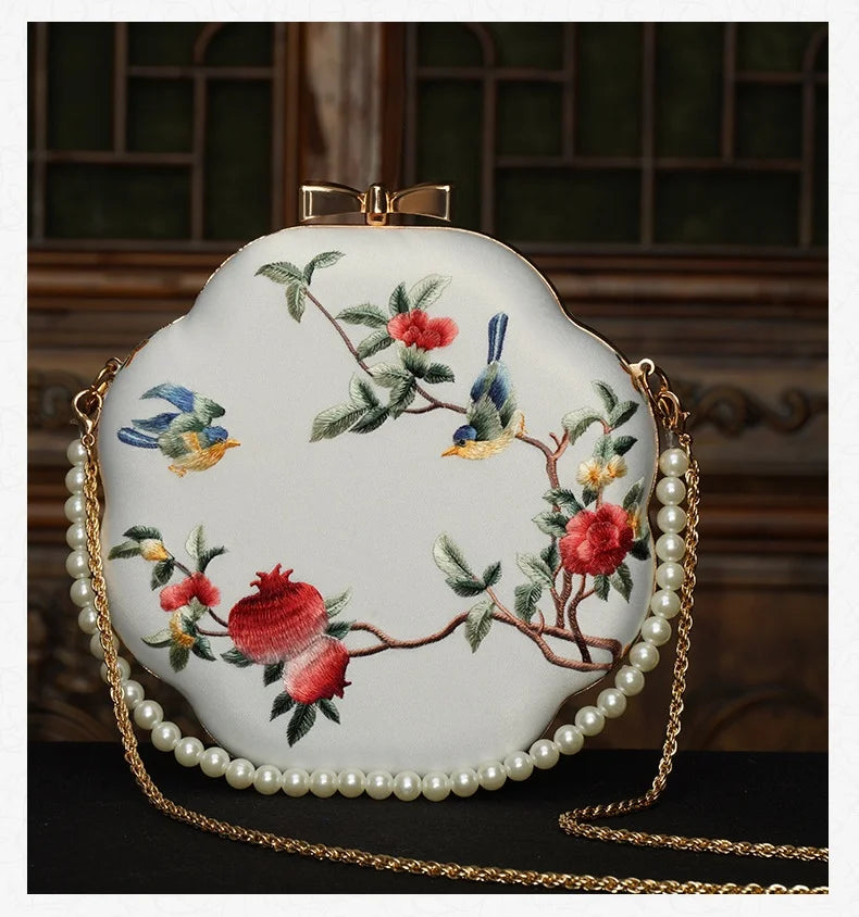 Cape-Bay Retro Versatile Women's Small Round Bag Mini Bag Chain Bag Bead Bag New Middle-Aged Mother Bag Ethnic Style Flower and Bird Embroider Shoulder Bag Crossbody Bag Wedding Banquet Wedding Bag with Cheongsam Bag Hard She