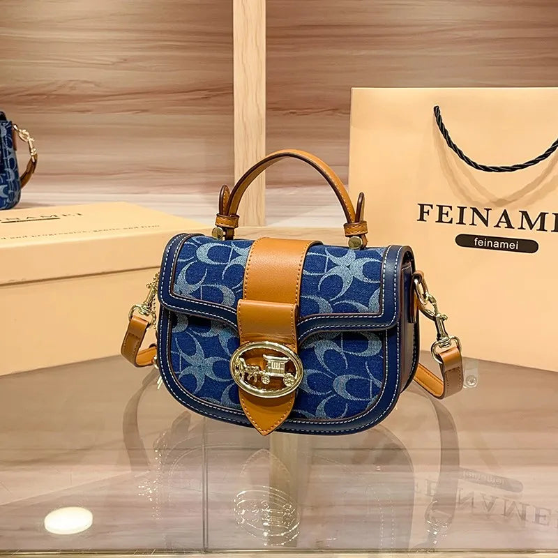 Ladies' handbag, light luxury retro denim canvas bag, fashionable 2025 new style saddle bag, high-end single shoulder crossbody