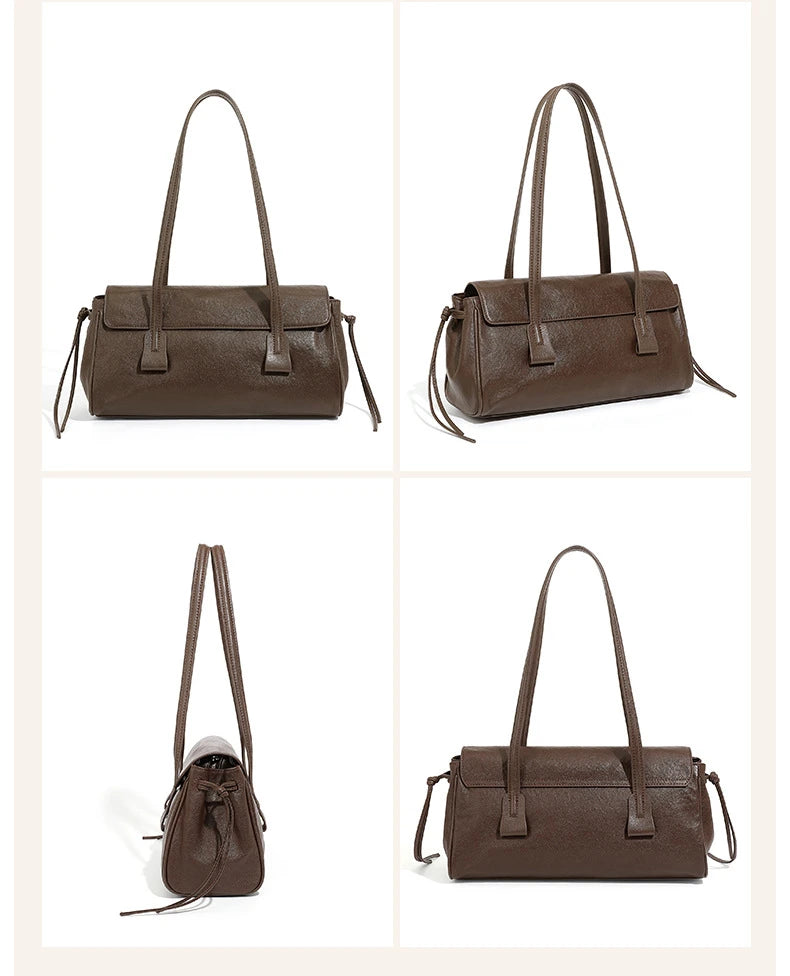 2025 New Genuine Leather Women's Shoulder Bag Large Capacity Cowhide Luxury Handbag Long Strip Black Baguette Bag Female
