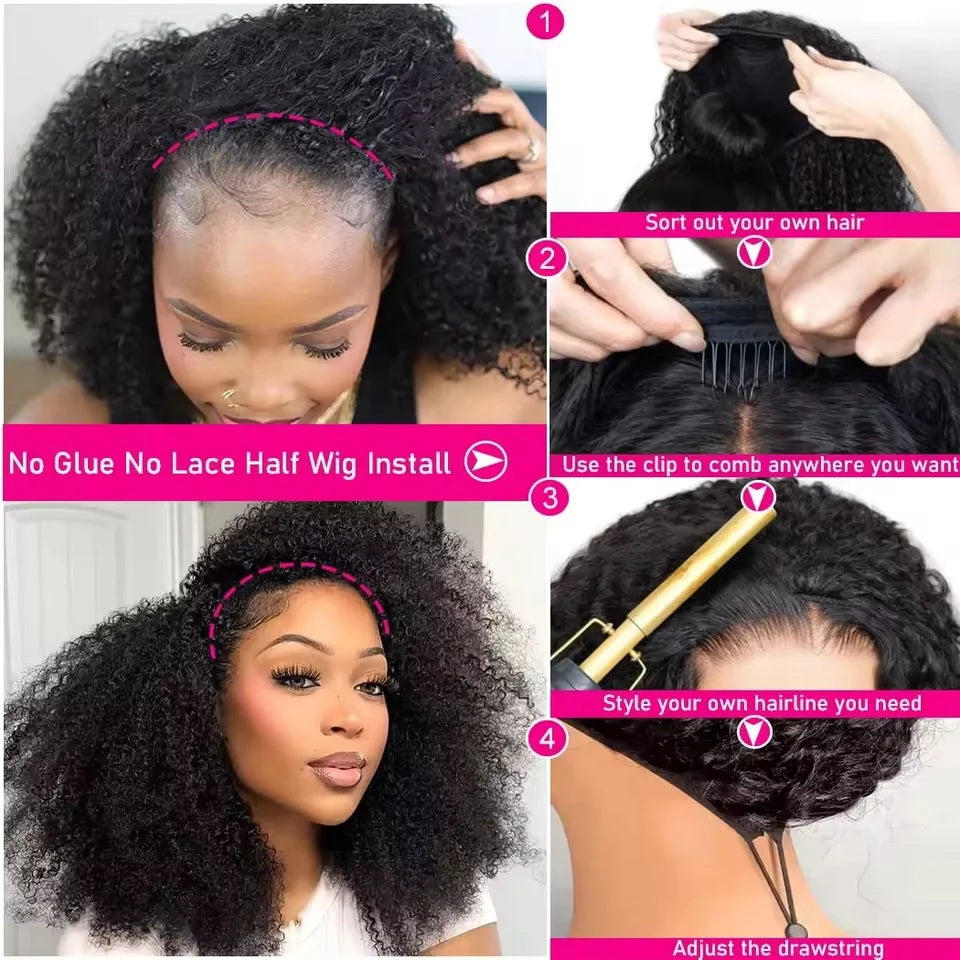 250% Glueless Wigs Human Hair Burmese Curly Headband Wig Upgrade 3 IN 1 Half Wig With Drawstring Seamless Clip Ins Flip Over