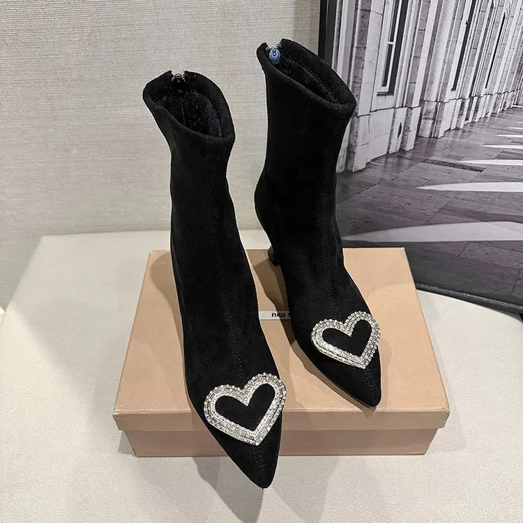 Ankle Boots Women Boots Women Shoes Woman Fashion High-heeled Pointed Flock Boots Spring Autumn Rhinestone Short Boots