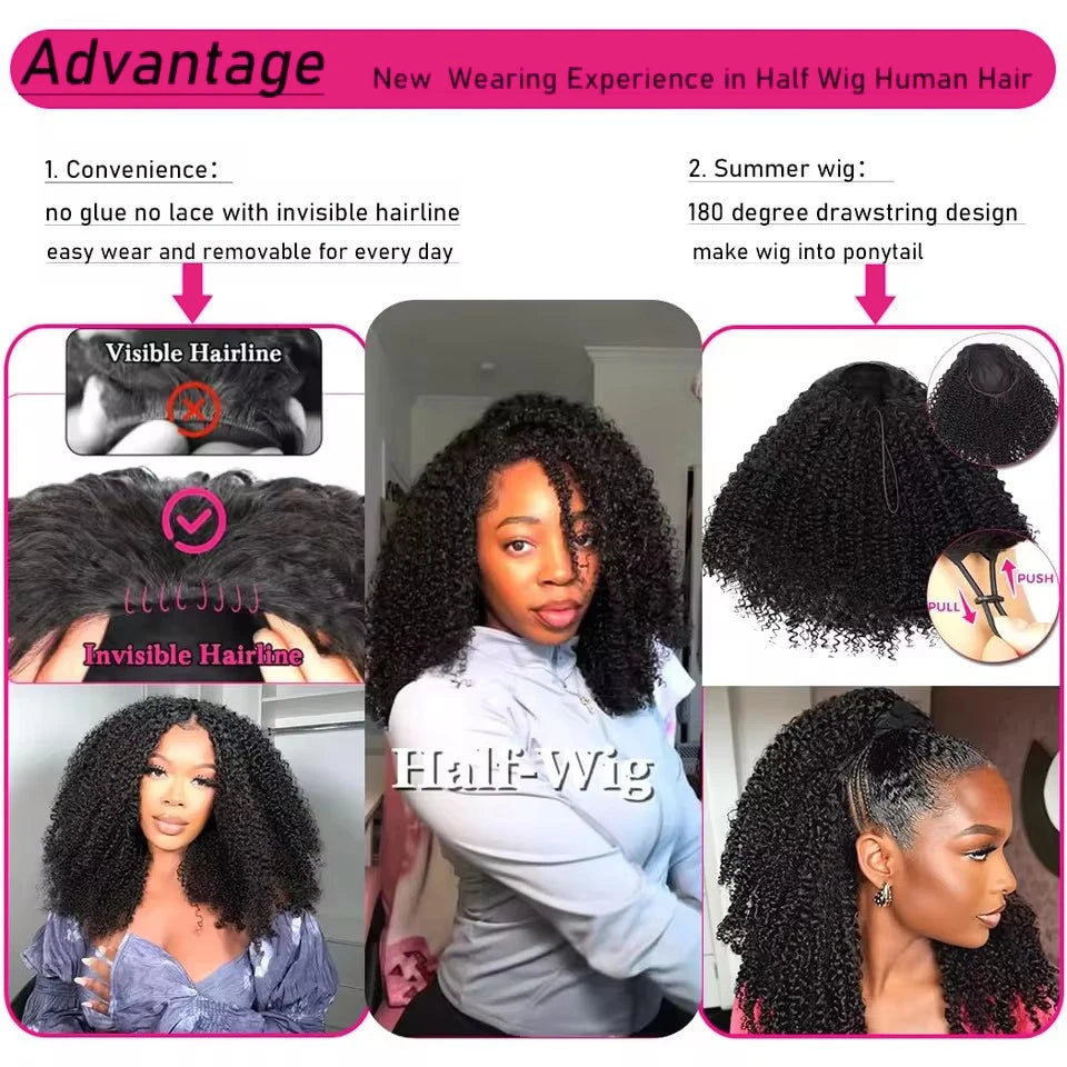 250% Glueless Wigs Human Hair Burmese Curly Headband Wig Upgrade 3 IN 1 Half Wig With Drawstring Seamless Clip Ins Flip Over