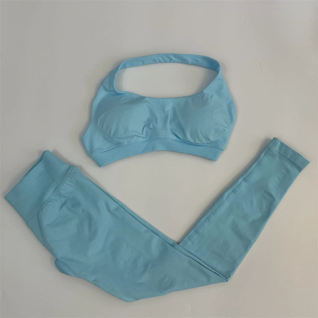 Ladies seamless yoga suit; two-piece fitness leggings; hip-lifting yoga pants set; gym sport suit; backless sports bra with