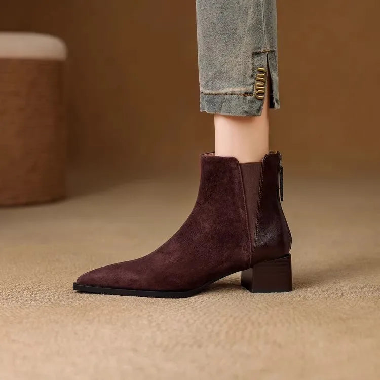 Autumn Winter Women Thick Heel Ankle Boots Elegant Back Zippers Shoes Modern Leather Suede Splicing Short Botas Para Mujer