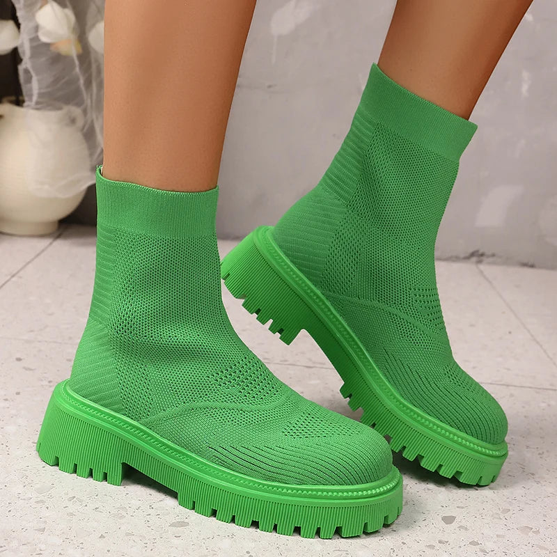 Bright Green Knitted Ankle Boots for Women 2025 Autumn Winter Non Slip Platform Booties Woman Casual Short Botas Shoes Mujer 42