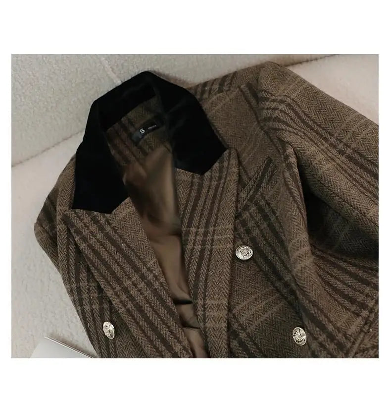 Autumn Winter New Blazer Coats Women's Woolen Jackets Long Sleeve Plaid Print Vintage Thick Outerwears Elegant Jaqueta Feminina