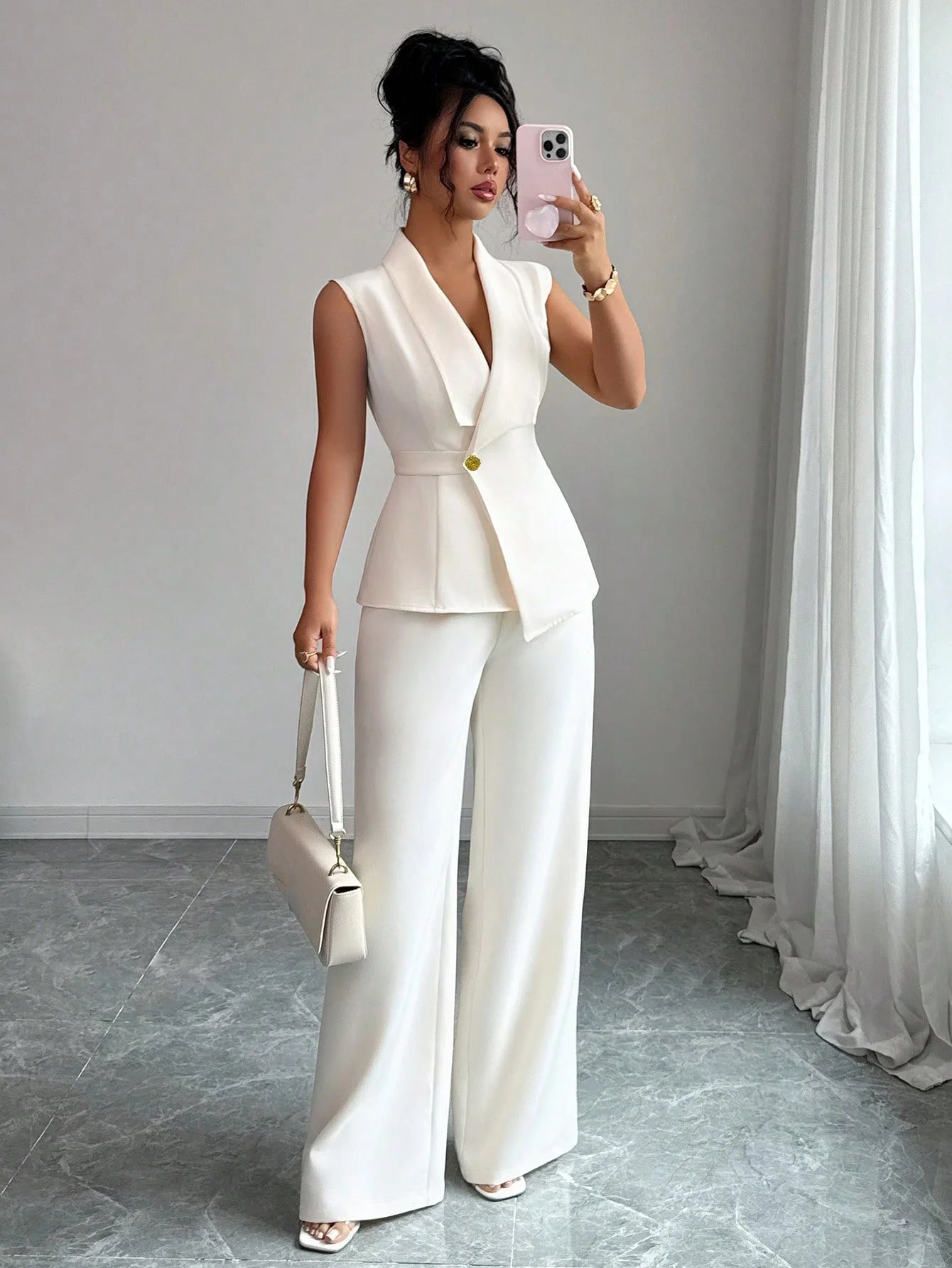 European and American Elegance Solid Color Vest and Straight Leg Pants Set for Women