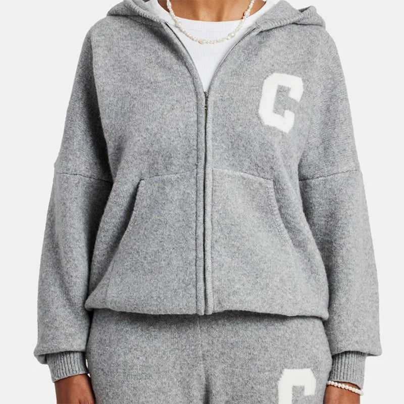 Knitted Women's Pant Sets Hooded Long Sleeve Dropped Shoulder Zipper Female Jacket Solid Elastic Waist Straight Pants For Ladies