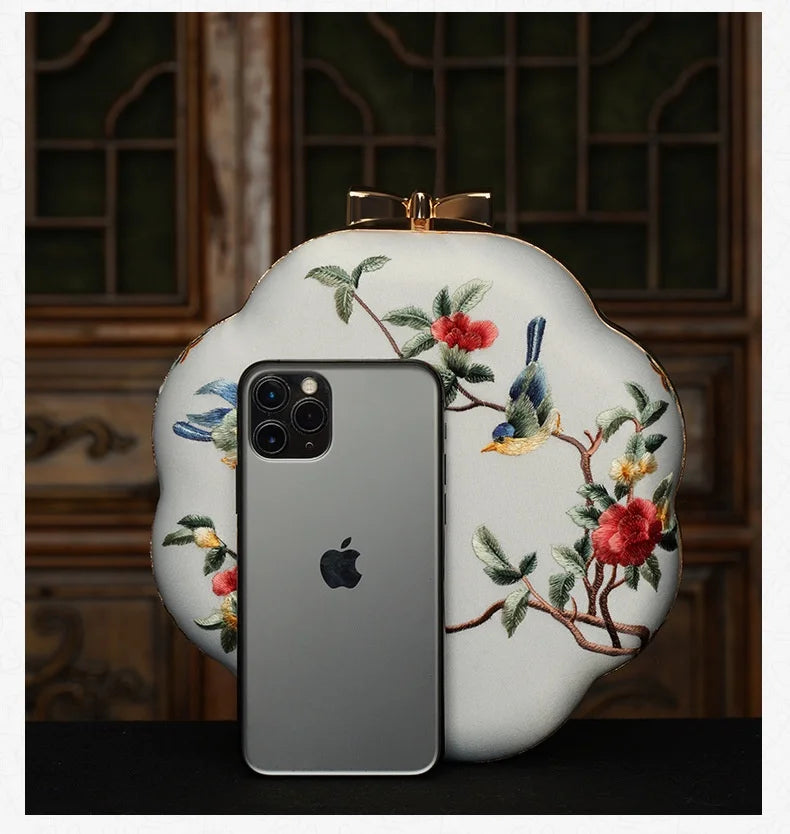 Cape-Bay Retro Versatile Women's Small Round Bag Mini Bag Chain Bag Bead Bag New Middle-Aged Mother Bag Ethnic Style Flower and Bird Embroider Shoulder Bag Crossbody Bag Wedding Banquet Wedding Bag with Cheongsam Bag Hard She