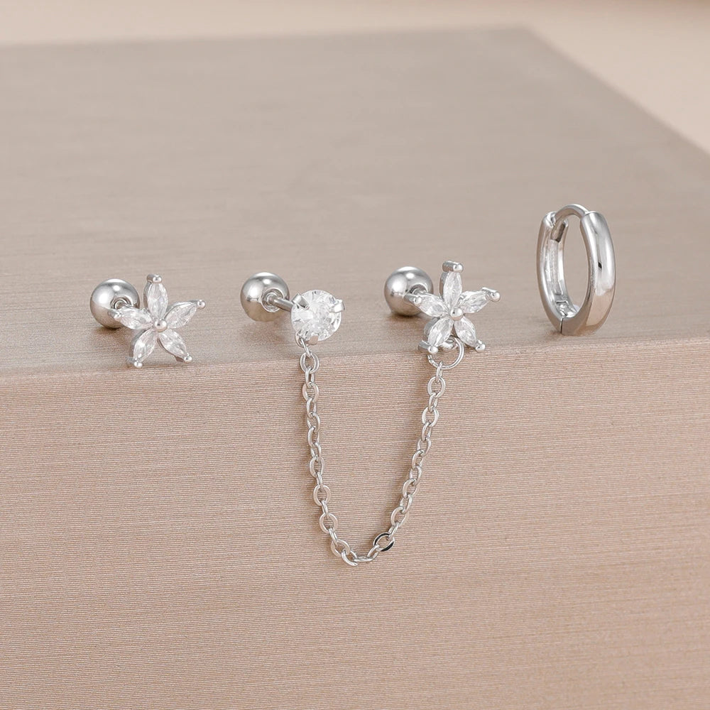 3PCS Stainless Steel Zircon Flower Star Ear Stud Earrings Set 14K Gold Plated Chain Cartilage Piercing Earring Women's Jewelry