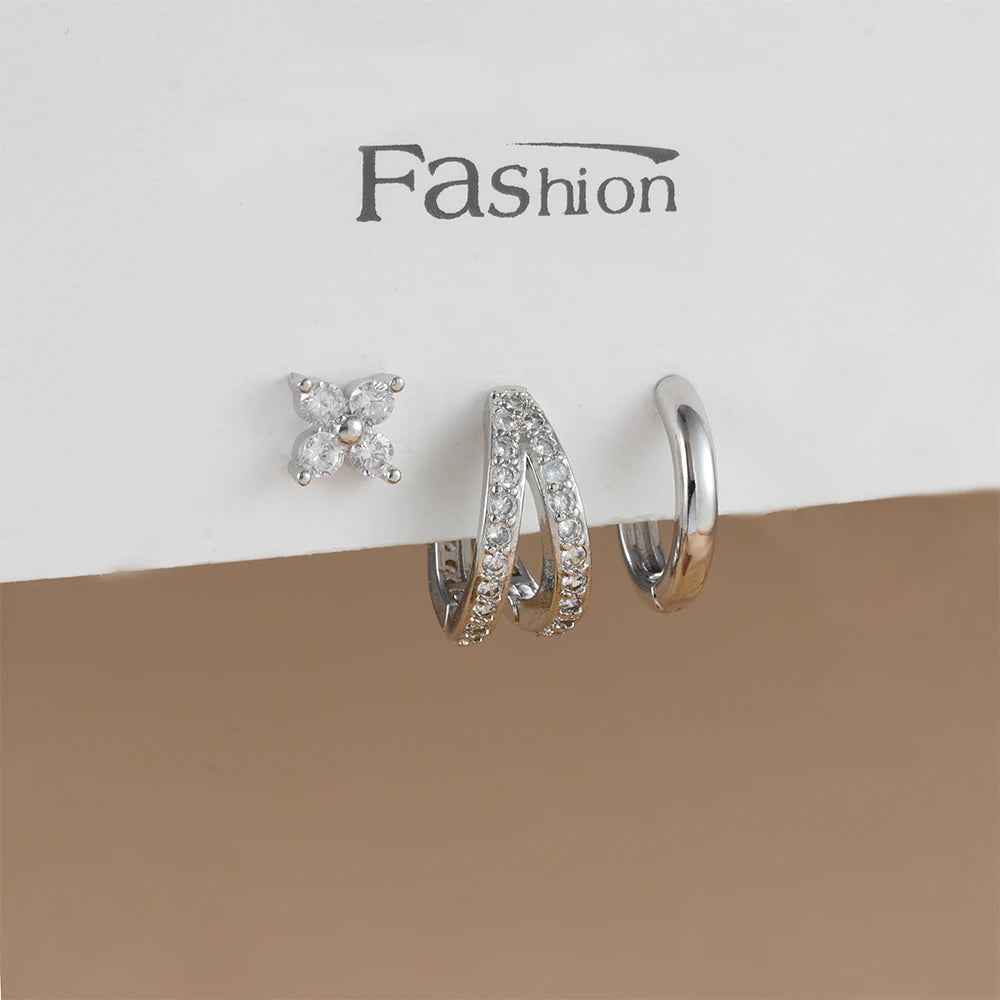 3PCS Trendy Double-layer Circle Cubic Zircon Star Hanging Earrings Set For Women Korean Fashion Jewelry pendientes mujer