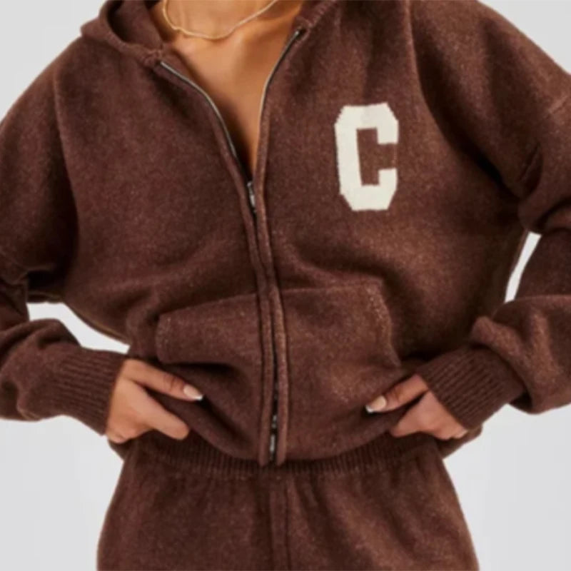 Knitted Women's Pant Sets Hooded Long Sleeve Dropped Shoulder Zipper Female Jacket Solid Elastic Waist Straight Pants For Ladies