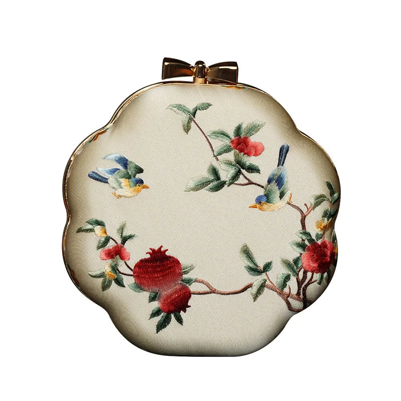 Cape-Bay Retro Versatile Women's Small Round Bag Mini Bag Chain Bag Bead Bag New Middle-Aged Mother Bag Ethnic Style Flower and Bird Embroider Shoulder Bag Crossbody Bag Wedding Banquet Wedding Bag with Cheongsam Bag Hard She