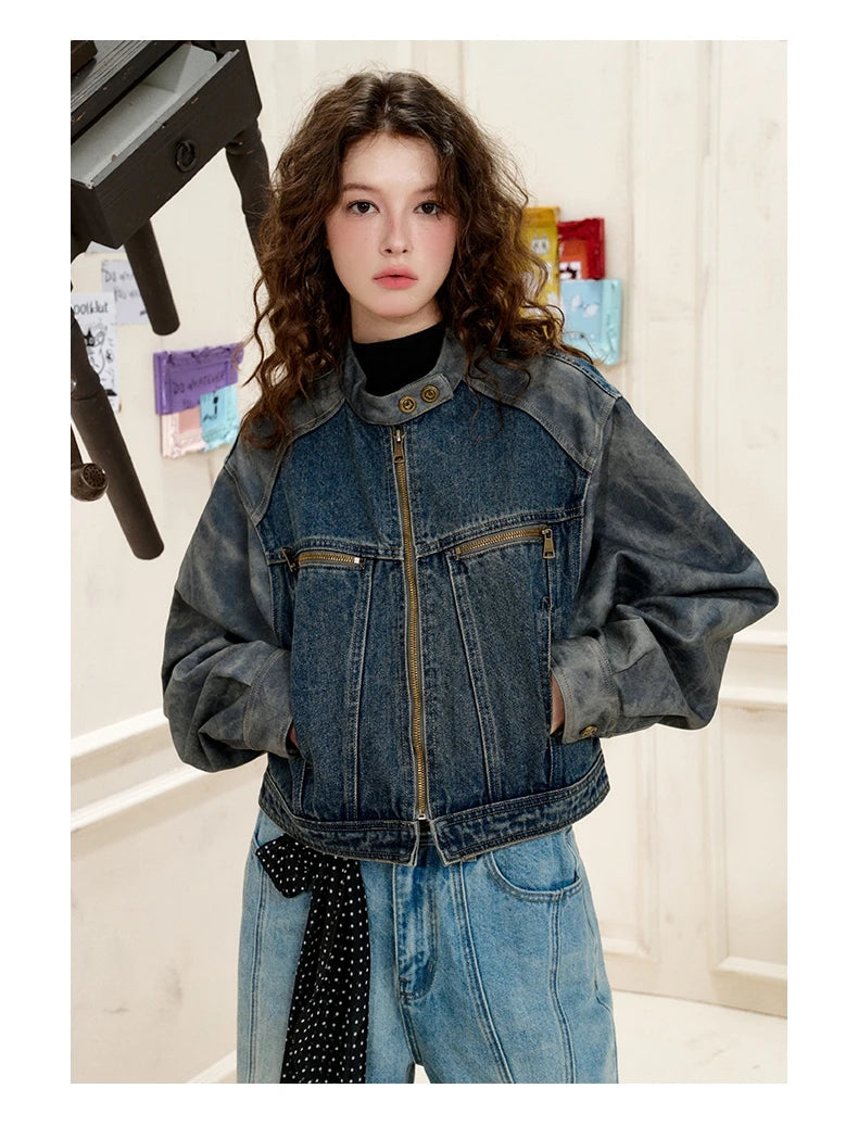 COOLHUT New Arrival Women's 2025 American Style Denim Jacket Stand Collar Color Block PU Trim Slim Fit Casual Fall Outerwear