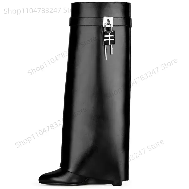 2025 Autumn Winter Lock Boots Women Designer Knee Boots Women Brand High Heel Knight Boots Fold Fashion Gothic Wedge Long Boot