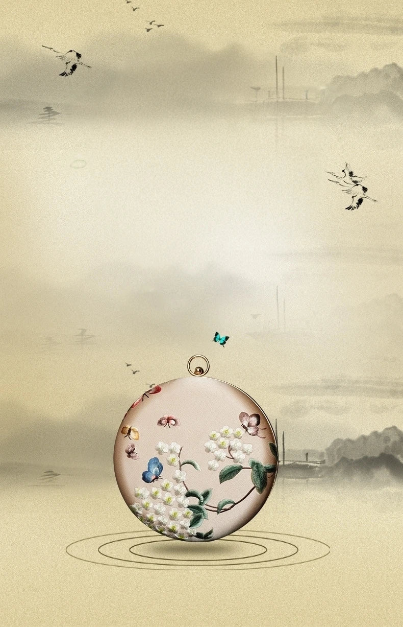 Cape-Bay Small Women's Bag, Silky Polyester Embroidered Bag, Embroidered Women's Bag, Retro Accessory Bag for Cheongsam, Chinese Ethnic Style Women's Ancient Style Small Bag, Noble Lady's Chain Bag, Gold Metal Frame Hard Shel