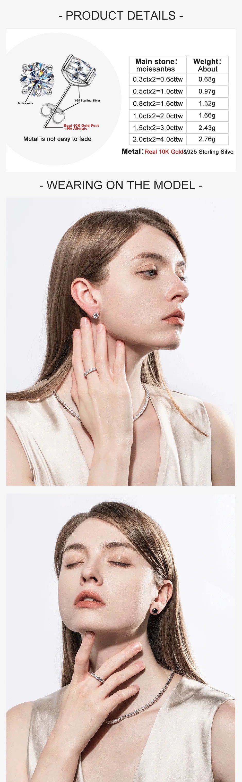 AnuJewel 10k Gold 4/3/2/1.6/1/0.6ct Moissanite Stud Earrings For Women Real 10K Gold Post Anti-allergy Men Earrings Jewelry