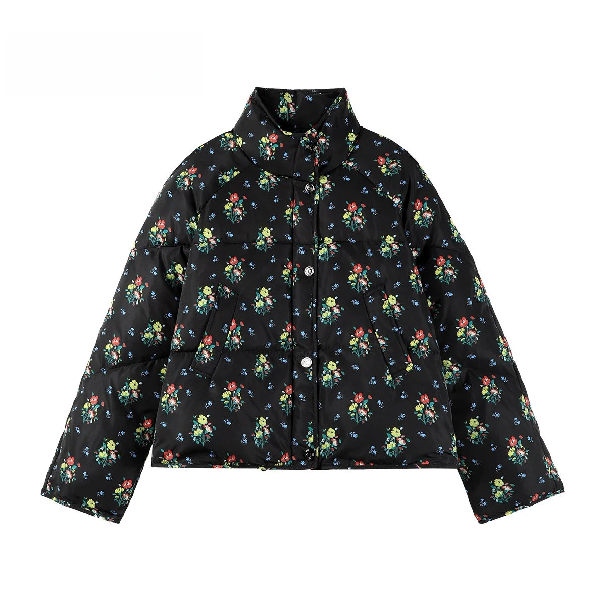 2025 Brand New Women's Short Puffer Jacket for Petite Printed Quilted Coat Loose Fit Casual Winter Bomber Stand Collar Outerwear