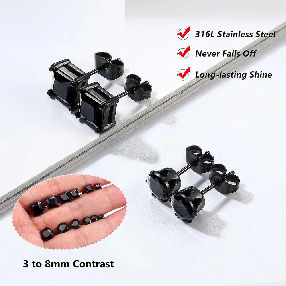 1-2 Pairs Hypoallergenic 316L Stainless Steel Square Round CZ Stud Earrings Sensitive Ear Studs Jewelry Set for Men Women 3-8MM