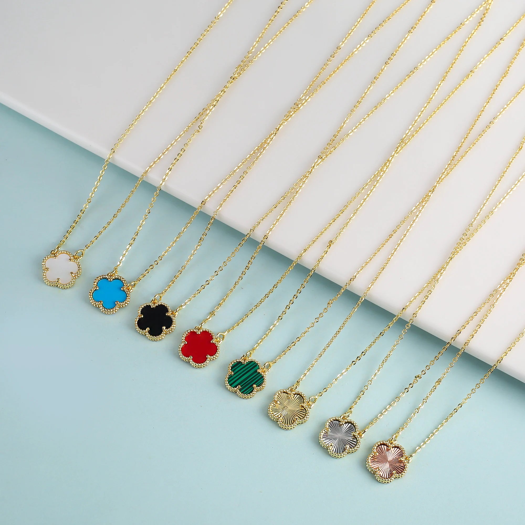18K Gold Plated High Quality Simple Plant Five Leaf Flower Natural Stone Metal Pendant Necklace Earring Set Women's Clover