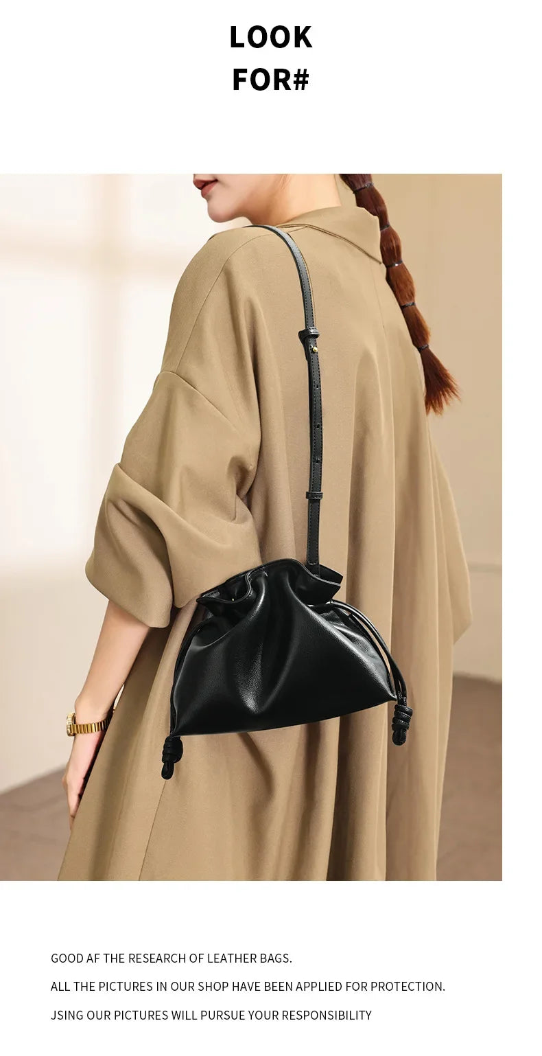 Classic Flamenco Lucky Bag, Genuine Leather Cloud Bag with Drawstring, Shoulder Bucket Bag for Women, Autumn and Winter