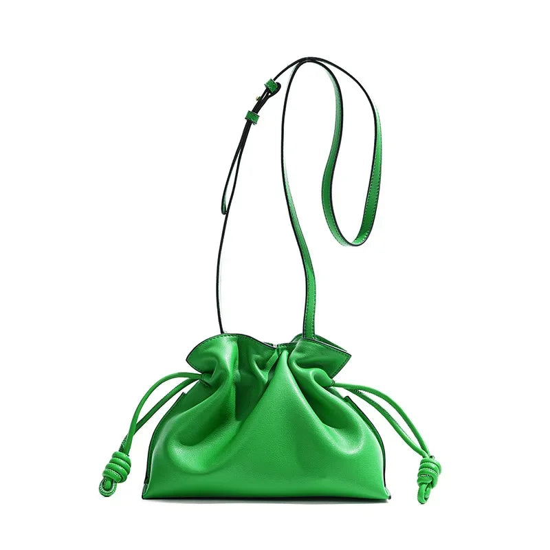 Classic Flamenco Lucky Bag, Genuine Leather Cloud Bag with Drawstring, Shoulder Bucket Bag for Women, Autumn and Winter