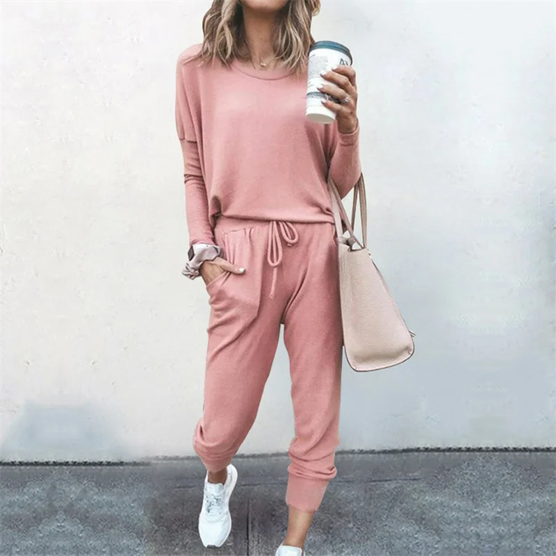 Hot Women's Long Sleeve Round Neck Top and Pants Set Simple Solid Colour Pajama Set Casual O Neck Two Piece Outfit
