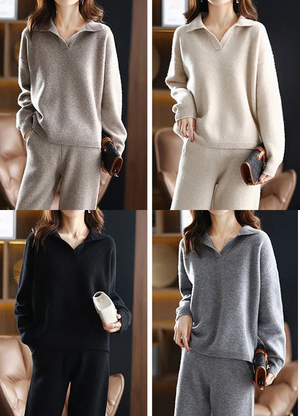 Casual Knitted 2 Piece Sets Korean Polo Neck Sweater Pullover Conjuntos Women High Waist Ankle Length Malhas Harem Pant Setleri